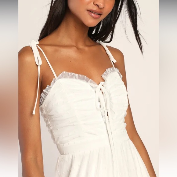 LuLus White Swiss Dot Tie-Strap Lace-Up Tiered Midi Dress - Picture 2 of 6